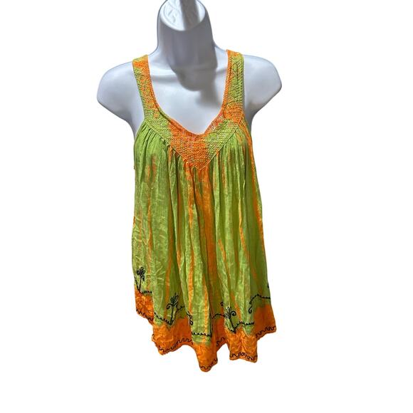 Bright green and orange embroidered flowy v neck tank one size - Picture 1 of 2